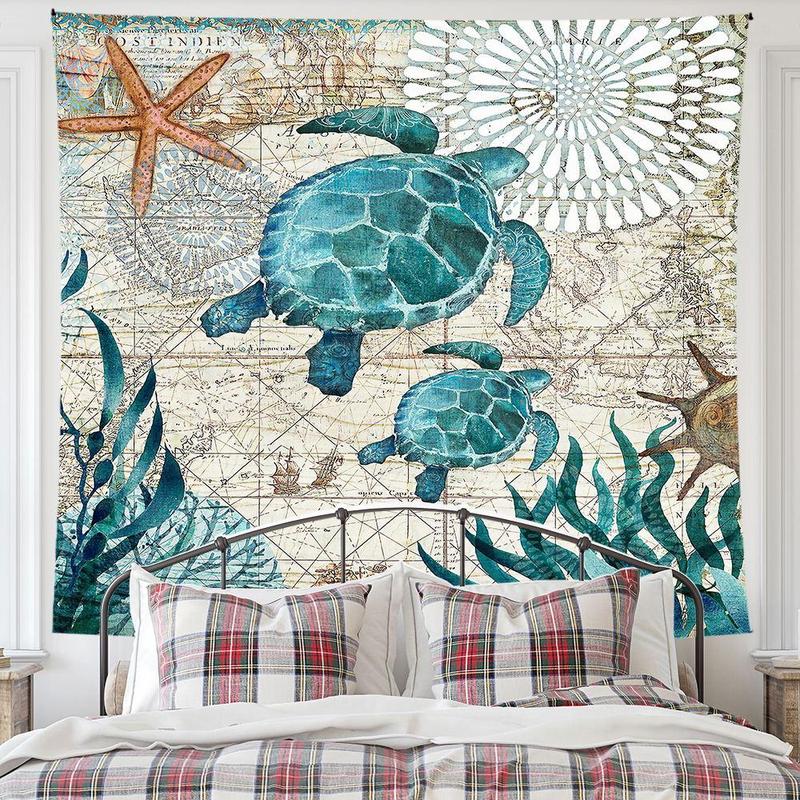 Turtle & Sea Pattern Tapestry, 1 Count Cute Wall Hanging Blanket, Wall Art Decor for Home Living Room Bedroom Study Room Office