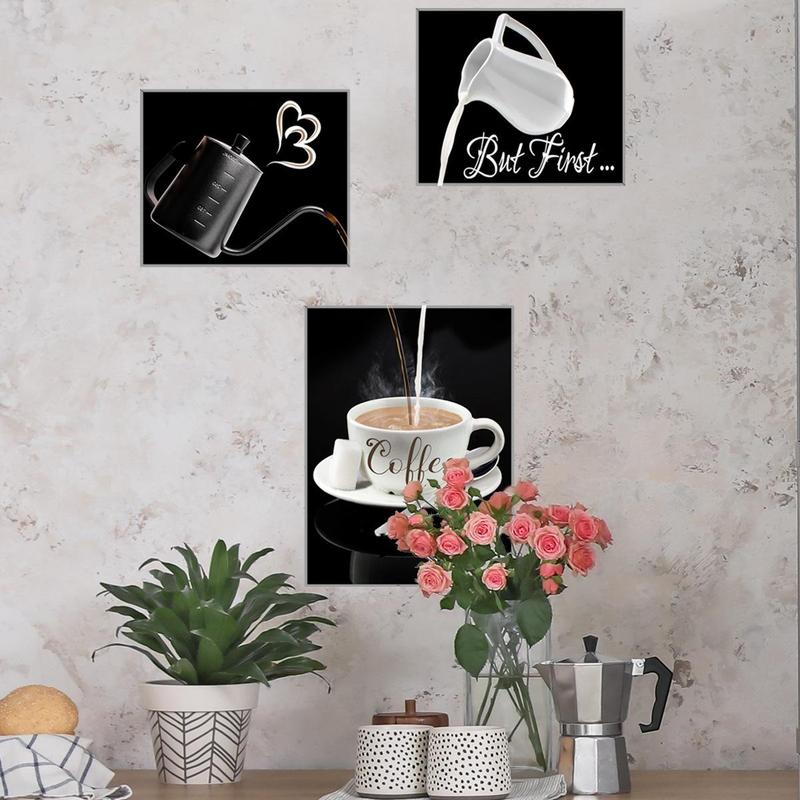 Creative Coffee & Tea Pattern Interactive Pattern Wall Stickers, 3 Counts Kitchen Canvas Wall Art Poster, Wall Decal, Summer Essentials