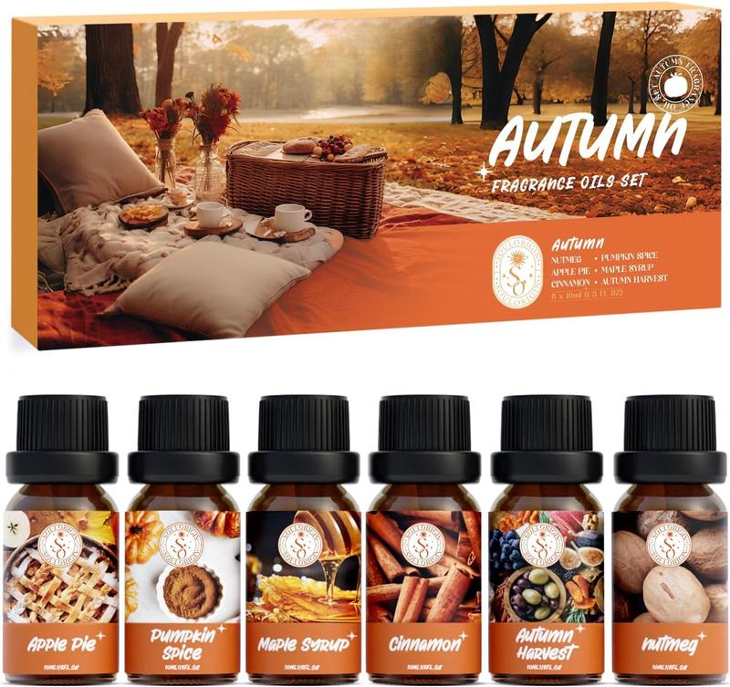 Autumn Essential Oils Set, Fragrance Oil Gift Set for Oil Diffusers, Scented Oils for Soap Candle Making 6x10ml - Pumpkin Spice, Nutmeg, Apple Pie, Autumn Harvest, Cinnamon, and Maple Syrup