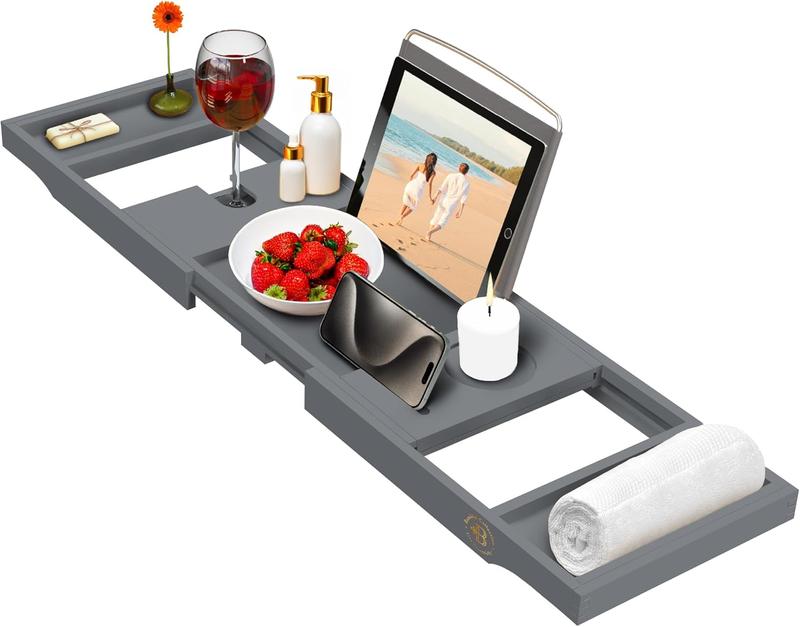 Bathtub Tray Table - Adjustable  Bathtub  - Space-Saving Folding Bath Tub Tray -  Bathtub Accessories -  Gifts for Women or Men (Gray)