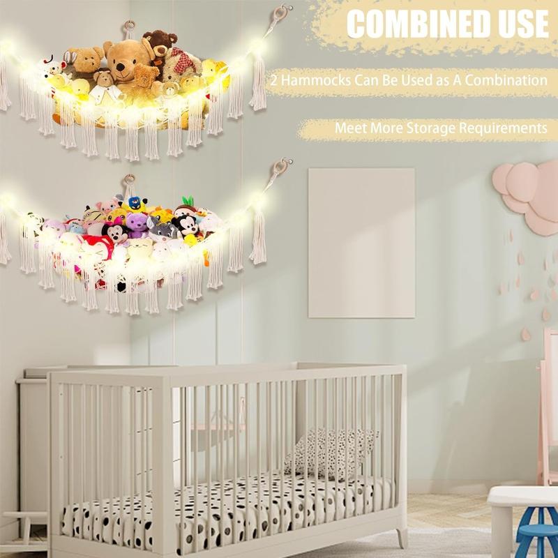 Stuffed Animal Hammock with LED Light,Toy Hammock for Stuffed Animals Storage for Kids Room Decor,Stuffed Animal Hammock Corner Nursery Kids Bedroom