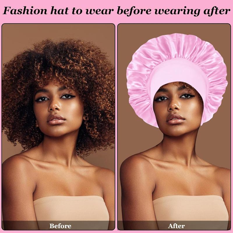 4PCS Satin Hair Bonnet for Sleeping,Bonnets for Black Women Men,Silk Bonnet for Sleeping,Hair Wrap Cap for Curly Hair,Elastic Wide Band Hair Bonnet Shower Cap (Black & Blue & Pink & Purple)