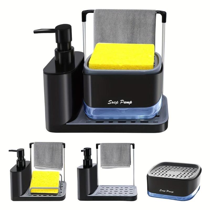 5 in 1 Kitchen Hand Soap and Detergent Dispenser, 1 Count Soap Dispenser with Sponge Holder & Rag Shelf & Tray, Kitchen Sink Organizer, Kitchen Accessories