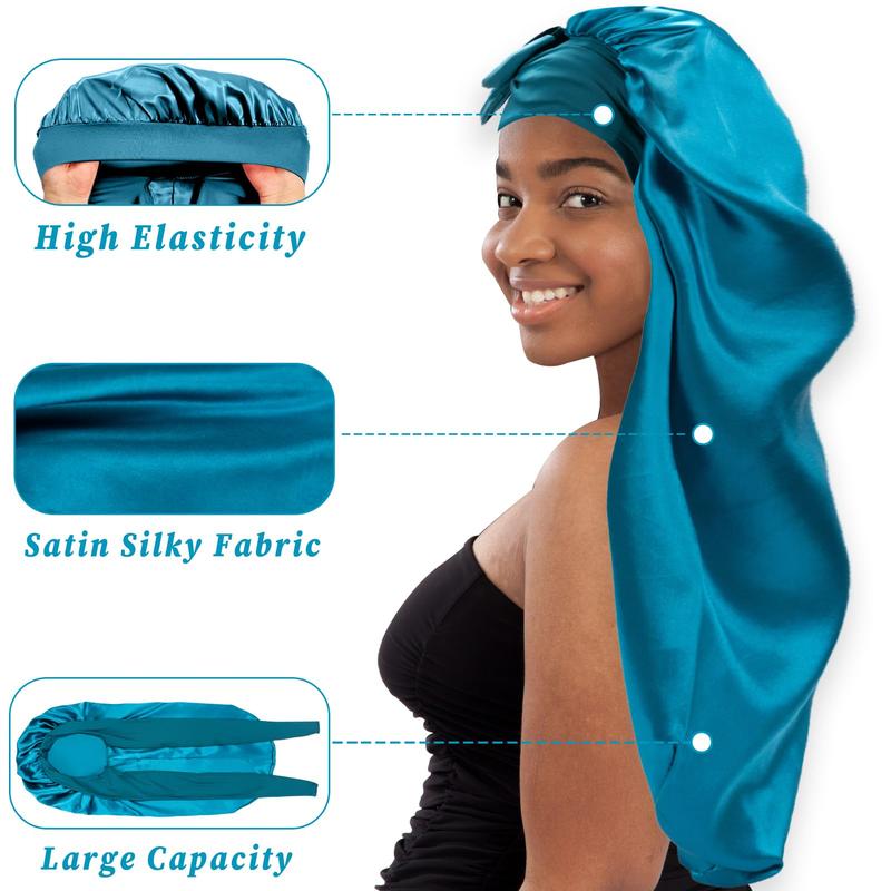  Bonnets for Black Women Braid Bonnet Large Long Satin Silk Bonnet with Stretchy Tie Band Sleep Shower Cap Hair 2 Count Black & Blue