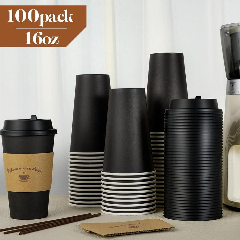 100 pack of 16 oz paper coffee cups. For hot coffee, chocolate drinks. Disposable. Comes with lids, sleeves, and stirring sticks. Black. Set Hand