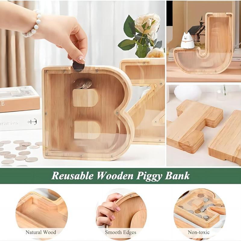 Wooden Alphabet Letter Coin Bank, 1 Count Personalized Piggy Bank, Creative Transparent Money Saving Box, Name Saving Bank for Birthday Unique Gift