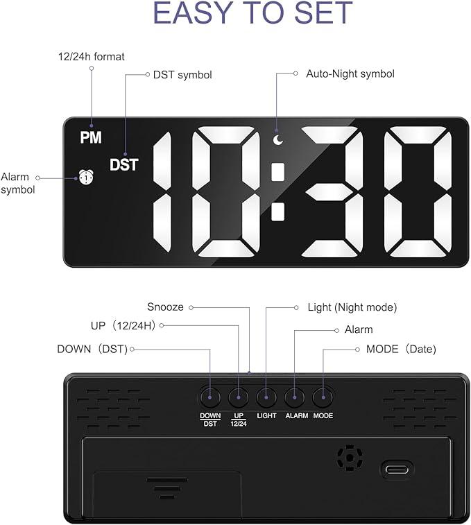 Digital Alarm Clock for Bedroom,Mirror Surface LED Electronic Clocks,Adjustable Brightness, Snooze Model,Voice Control,12 24H Display,Alarm Clock for Kids,Office,Table,Nightstand-（White）