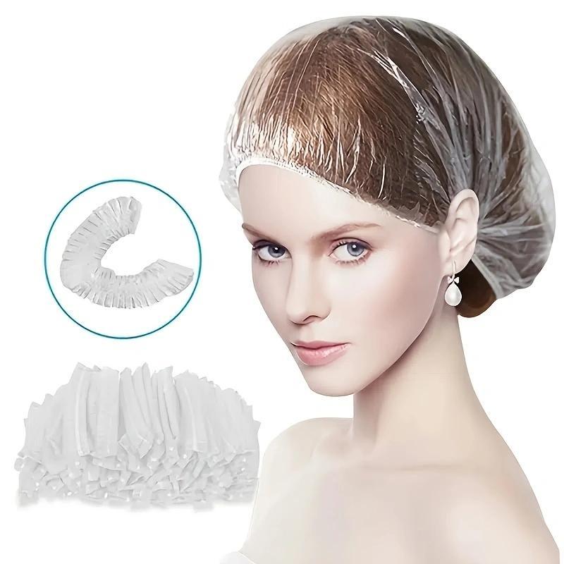 100pcs Disposable Shower Caps, Plastic Elastic Bath Caps, Waterproof Shower Hair Cover