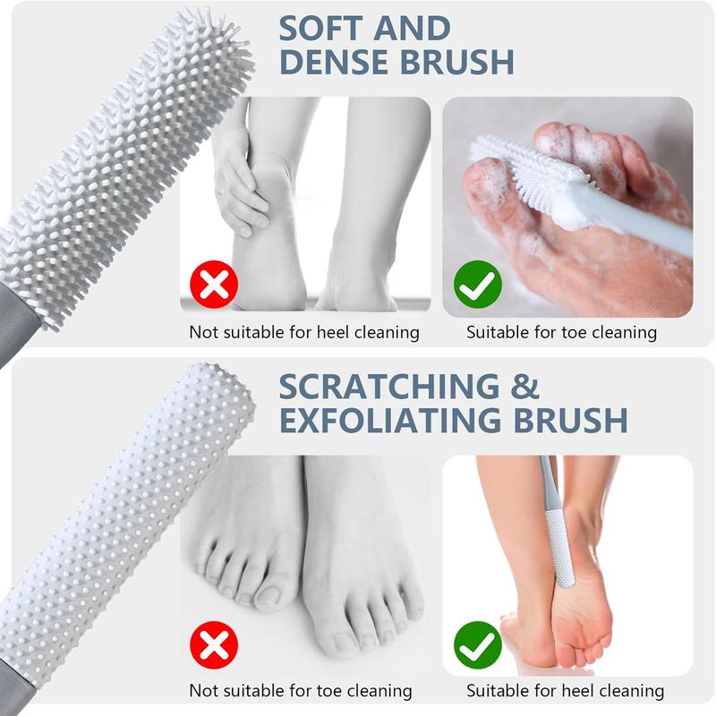 2pcs Toe Seam Massage Brush for Shower, Long Handle Foot Scrubber Brush Soft Rubber Foot File Between The Toe Gap Cleaning Brush Foot Applicator for Seniors Elderly Men Women (Grey)