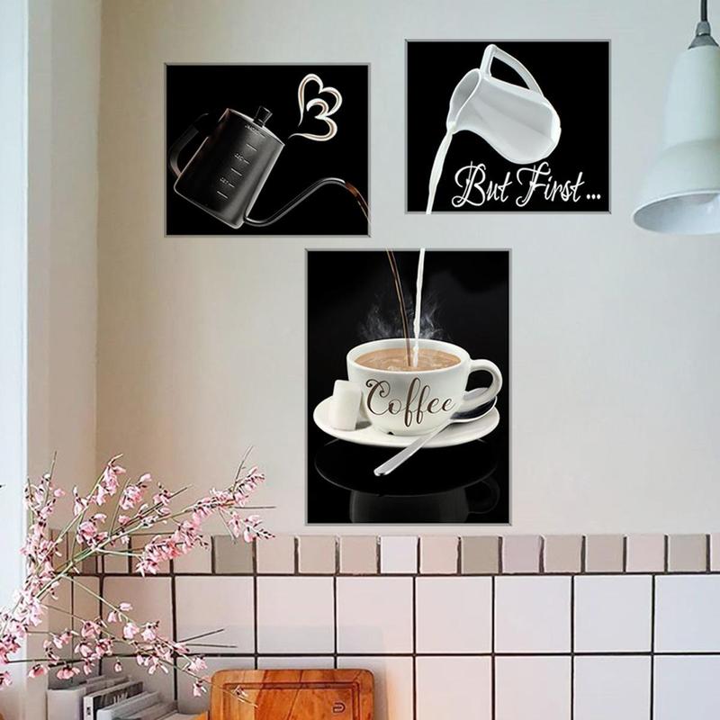 Creative Coffee & Tea Pattern Interactive Pattern Wall Stickers, 3 Counts Kitchen Canvas Wall Art Poster, Wall Decal, Summer Essentials