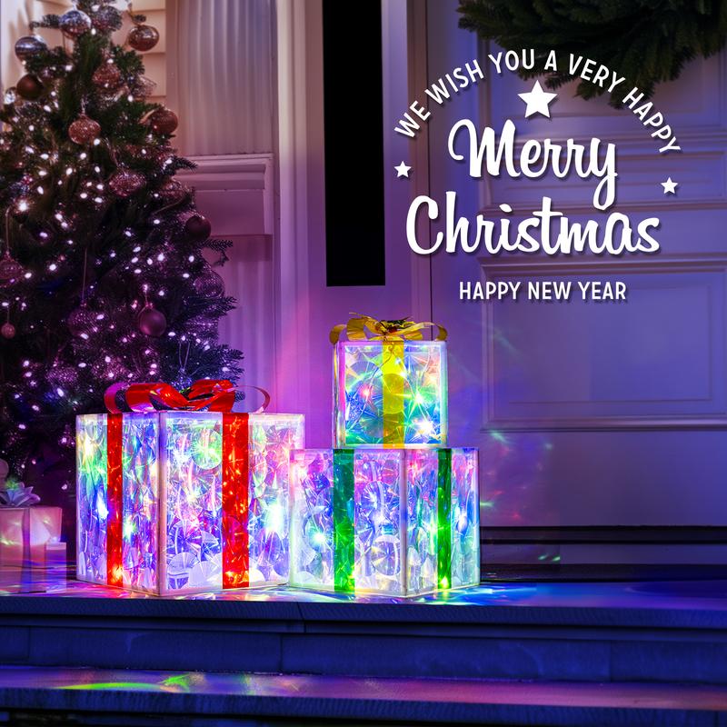 Set of 3 Christmas Lighted Gift Boxes(Assembly Required）,8 Light Modes Light Up Present Boxes Christmas Decorations for Indoor Outdoor Porch Yard Tree Holiday Decor（Color Changing）