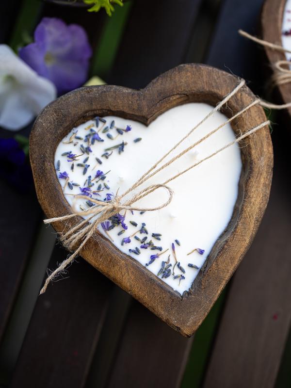 Lavender Heart Wood Dough Bowl Candle  Bowl Candle  Soy Wax Candle   Love Engagement Wedding Bridal Mother's Day 3 Cotton Wick