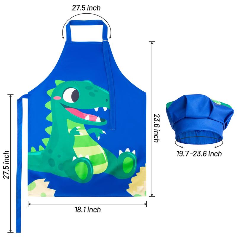 2 Pcs Kids Apron and Chef Hat Set, Adjustable Kids Kitchen Apron Painting Apron for Kids Cooking, Baking, Painting and Training Wear(Blue, Dinosaur)