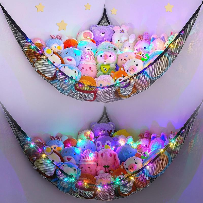 Stuffed Animals Net or Hammock Kids Toy Storage Organizer with LED Light Hanging Corner Stuffed Animals Holder Kids Girls Room Decor(Pack of 2)