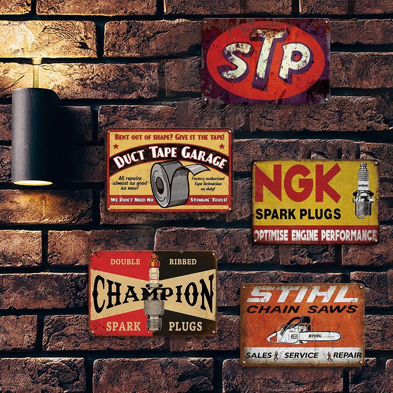 Vintage Themed Tin Sign Set, 5 Counts set Retro Garage & Cave Decor for Men, Ideal for Old Car Shops, Oil Stations & Home Wall Art