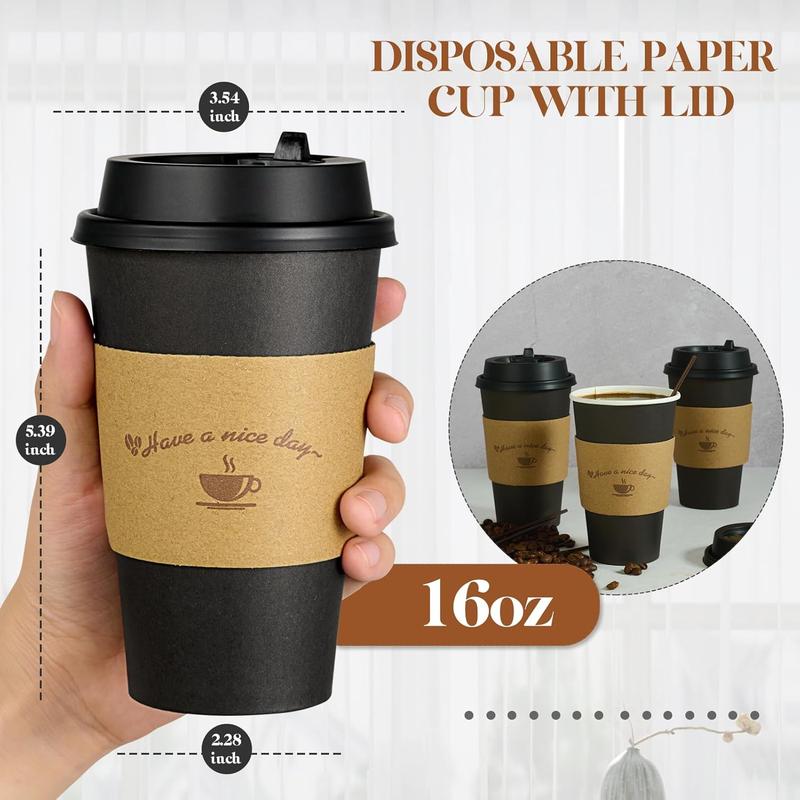 100 pack of 16 oz paper coffee cups. For hot coffee, chocolate drinks. Disposable. Comes with lids, sleeves, and stirring sticks. Black. Set Hand