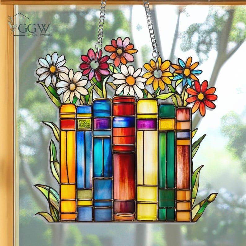 Christmas Book Acrylic Suncatcher Hanging, Library Books Window Hanging, Book Club Gift, Book Lover Gift, Librarian Gift, Bookish Library