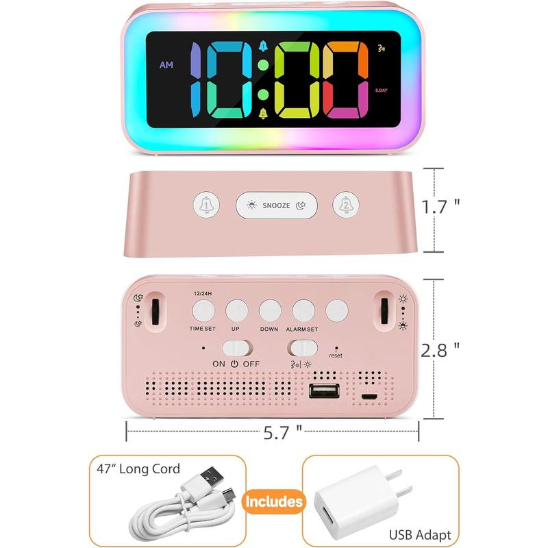 Cute Pink Loud Alarm Clock with RGB Night Light Girls Room Decor and Kawaii Gifts, Small Size for Bedside or Desk Lamp in Bedrooms, Teens (Red A)