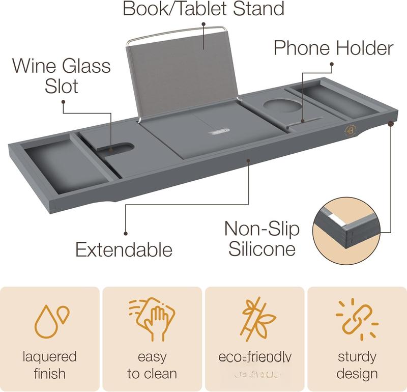 Bathtub Tray Table - Adjustable  Bathtub  - Space-Saving Folding Bath Tub Tray -  Bathtub Accessories -  Gifts for Women or Men (Gray)