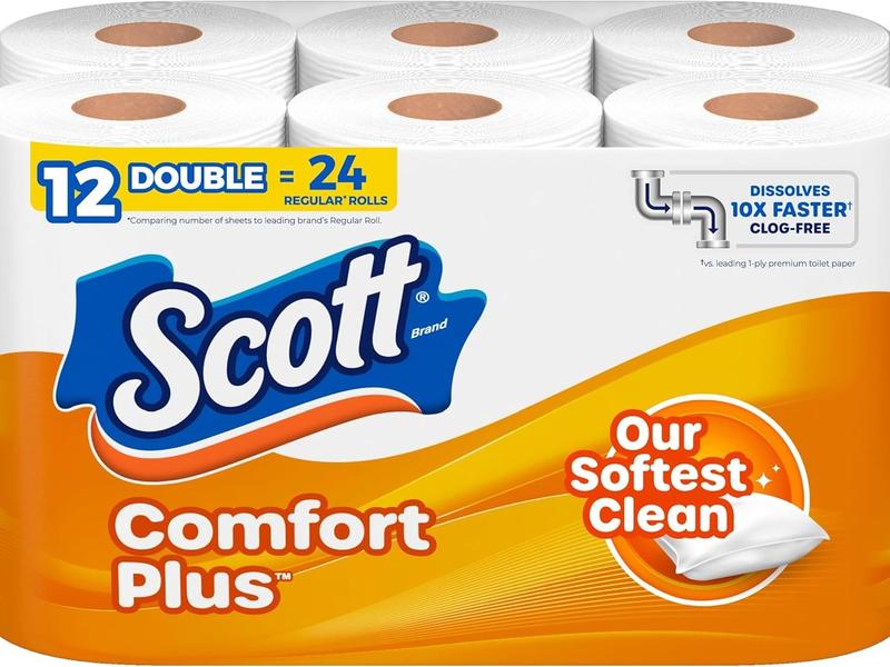 ComfortPlus Toilet Paper, 12 Double Rolls, 231 Sheets per Roll, Septic-Safe, 1-Ply Toilet Tissue