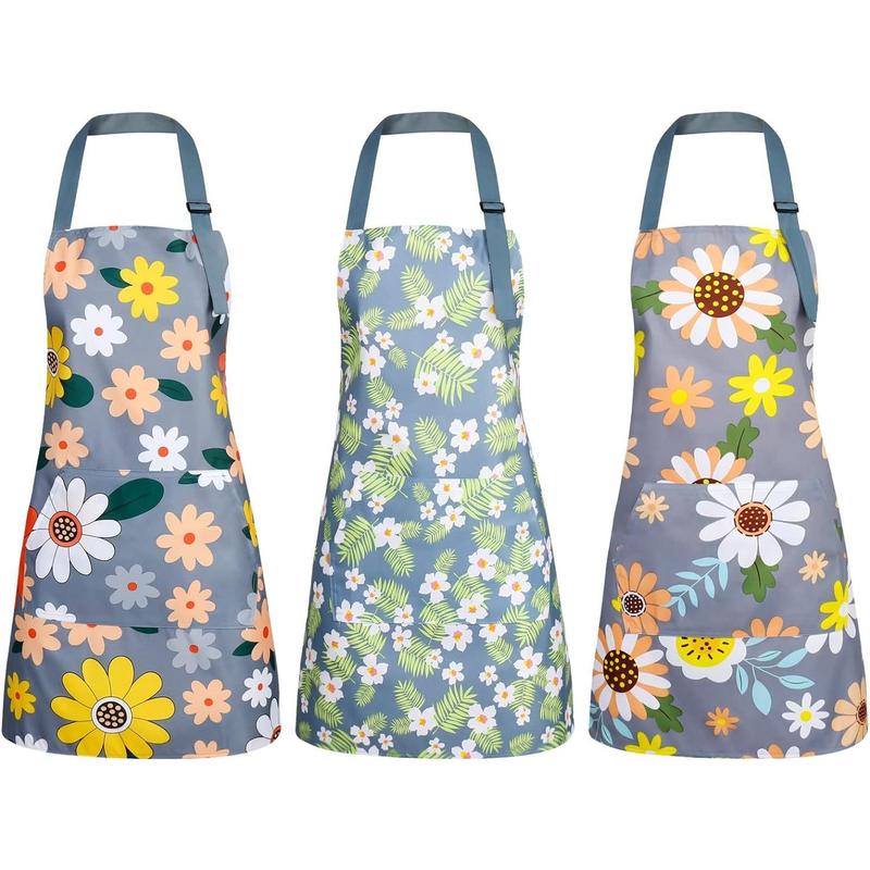 3 Pack Floral Aprons with Pocket, Blooming Womens Aprons Waterproof Adjustable Cooking Aprons for Kitchen Gardening and Salon