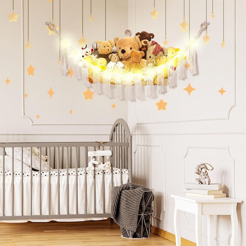 Stuffed Animal Hammock with LED Light,Toy Hammock for Stuffed Animals Storage for Kids Room Decor,Stuffed Animal Hammock Corner Nursery Kids Bedroom