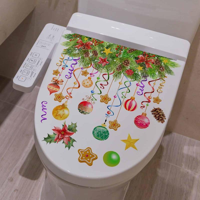 Toilet Lid Sticker, 1 Count Colorful Christmas Themed Toilet Lid Decal, Waterproof Mural Art for Bathroom, Toilet Accessories