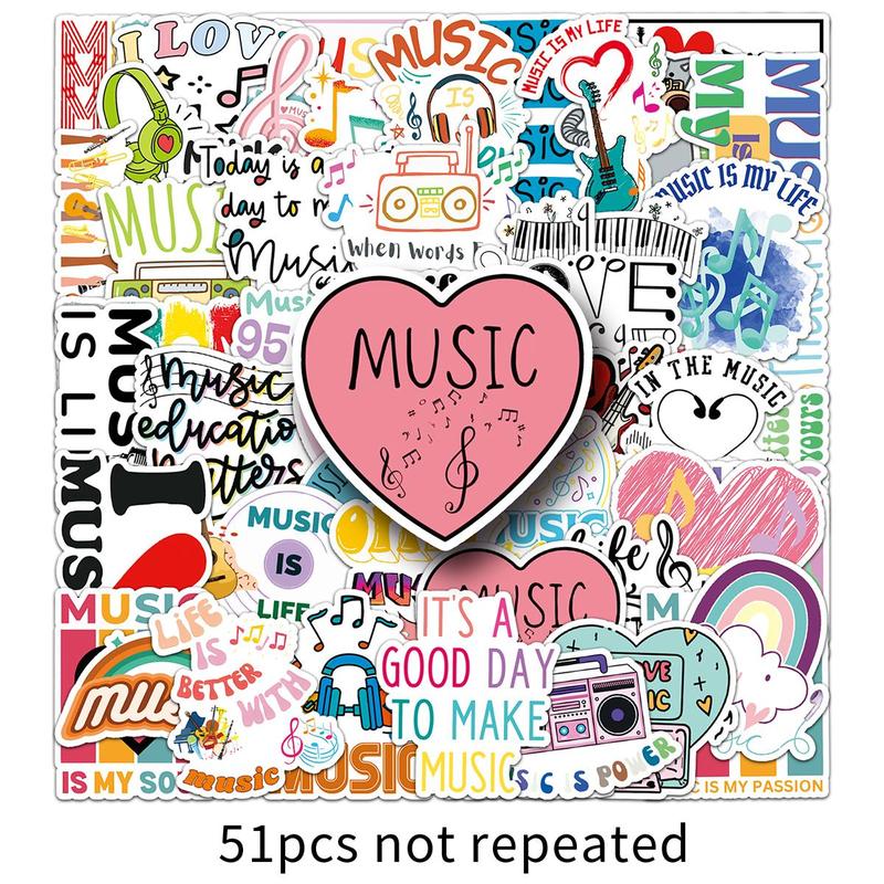 Music Themed Sticker, 51pcs set Waterproof Self Adhesive Decorative Paper, DIY Decals for Gift Greeting Card Water Bottle Laptop Phone