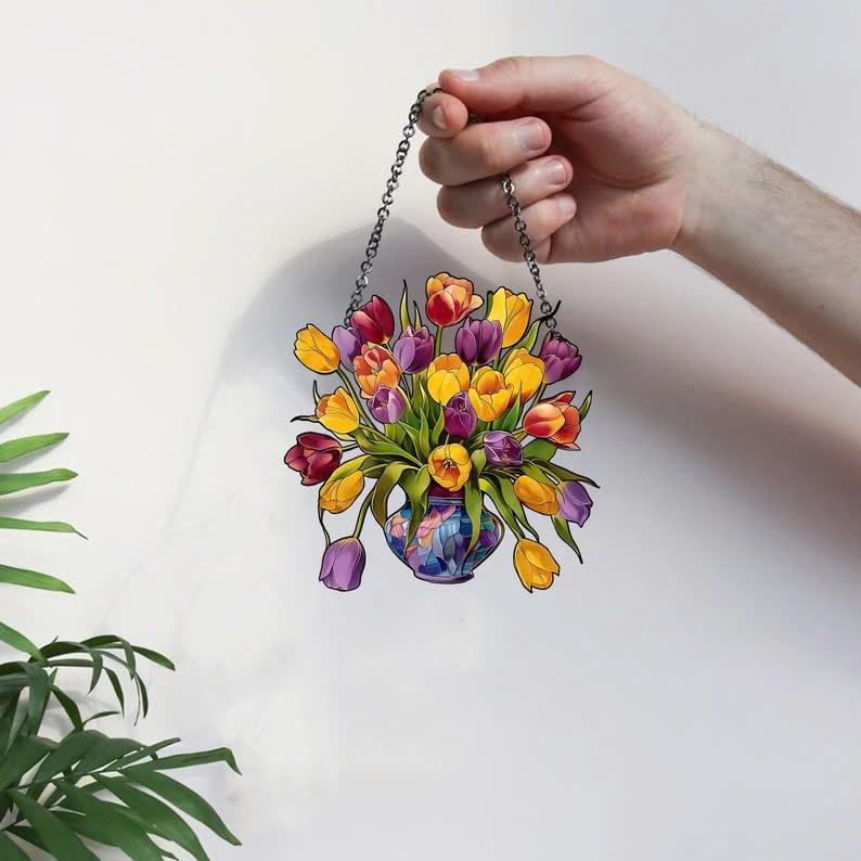 Yellow flowers Window Hanging, Mica Flowers, Tulip Flowers Acrylic Window Hanging Art Decoration, Tulip Ornament, Gift for her, mom