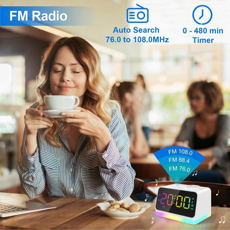 Digital  Clock with FM Radio for Bedroom, 8 Colors Night Light with 2  Port, Sleep Sound Machines with Timer, Dual , Loud  and Easy to Use for Seniors and  as Gift