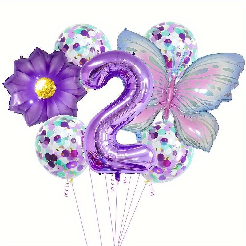 Butterfly Flower Theme Balloon Set, Including Butterfly Balloon*1, Flower Balloon*1, Number Balloon*1, Confetti Balloon*4, Ribbon*1, Balloon Straw*1, Birthday Party Decoration, Party Supplies