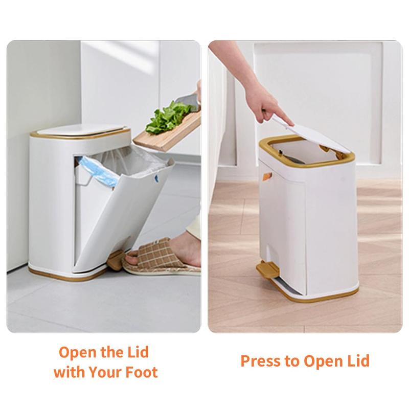 Bathroom Trash Can with Lid, Plastic 3 Gallon Garbage can with Press top Lid, Gold Step Pedal Trash can, Narrow White Trash bin for Kitchen, Bathroom, Bedroom, Living Room, Office, Dog Proof Trash Can automatic garbagecan