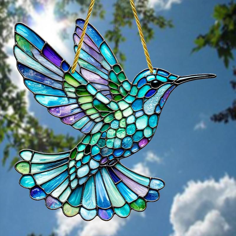 Hummingbird Design Sun Catcher, Colorful Glass Style Acrylic Hanging Ornament, Hanging Decor for Home Living Room Bedroom Window