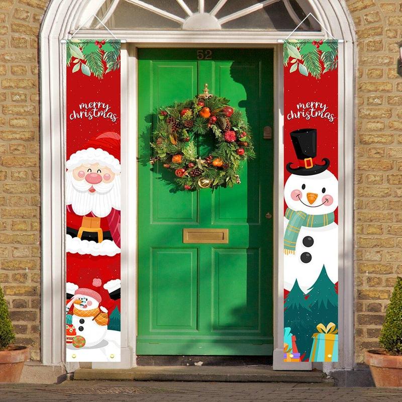 Merry Christmas Door Banner, 1 Pair Colorful Christmas Themed Door Decoration, Outdoor Hanging Banner for Home Front Door, Festive & Party Supplies