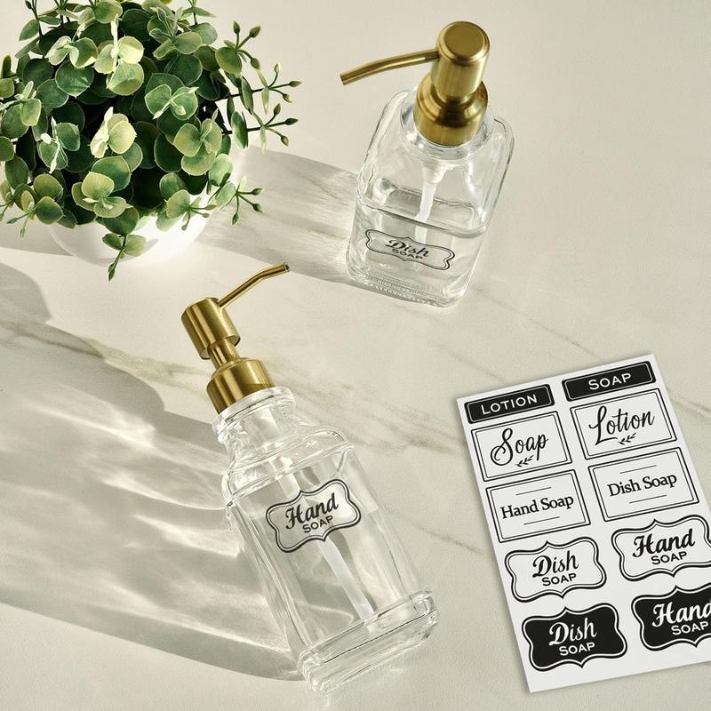 Antique Square Glass Soap Dispenser with Golden Rust Proof Pump, Refillable Soap Dispenser with 10Pcs Stickers for Kitchen, Dish Soap Dispenser for Kitchen Bathroom Soap, Hand soap, Lotion.