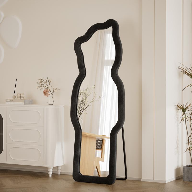 Easly 63 in. H x  24 in. W Irregular Full Length Mirror With Bear Shaped Flannel Frame Wall Mirror Floor Mirror