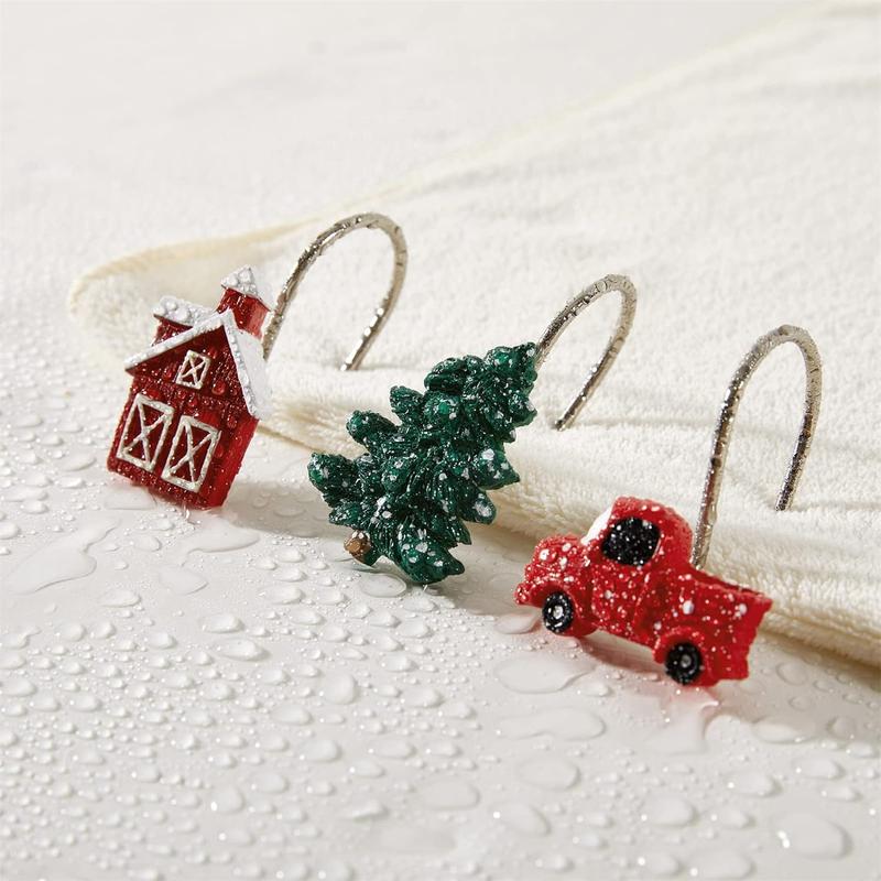 Farmhouse Vintage Christmas Shower Curtain Hooks Rings, Christmas Tree Red Truck Rustic Cabin Decorative Xmas Winter Holiday Shower Curtain Hooks Bathroom Decoration Accessories Rustproof