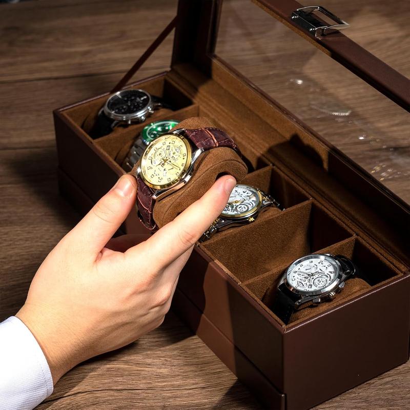 Watch Box for Men, 6 Slot Watch Display Case with Drawer, Mens Watch Case With Glass Lid, 2-Layer  and Watch Storage Watch Holder Organizer for Men Women -6 Slot, Espresso