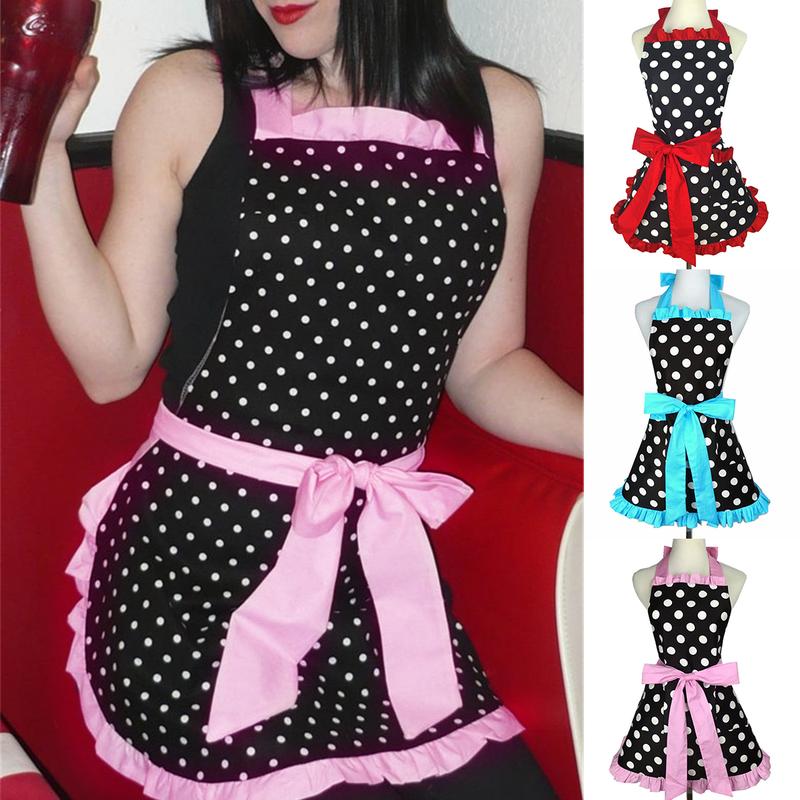 Cute Apron Retro Polka Dot Aprons Ruffle Side Vintage Cooking Aprons with Pockets Adjustable Kitchen Aprons for Women Girls Waitress Chef Mother's Day Gift(Pink)