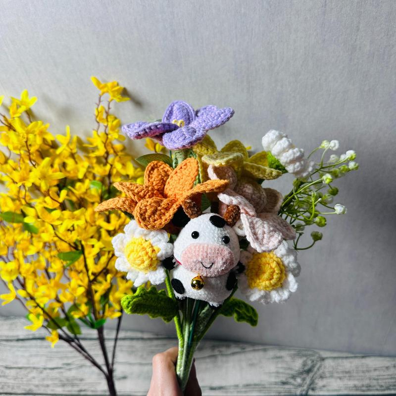 Room Decor Cute Cow & Tulip Design Crochet Flower Bouquet for Room Decor, 1 Count Crochet Decorative Flower, Fake Plants Bouquet for Home Party, Gifts for Her, Summer Gift Ideas, Bedroom Decor