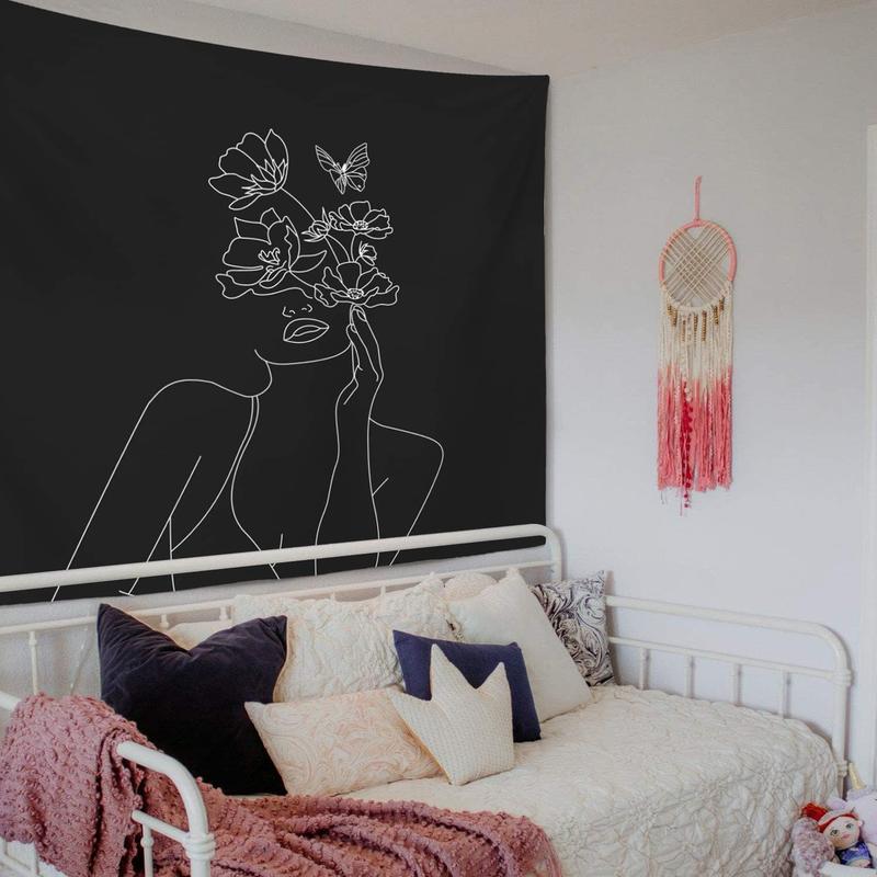 Art Line Aesthetic Black Tapestry, Simple Women with Flower Butterfly Wall Hanging, Modern Minimalist Abstract Creative Sketch Wall Decor for Dorm Bedroom Living Room  59.1 x 80 - Black