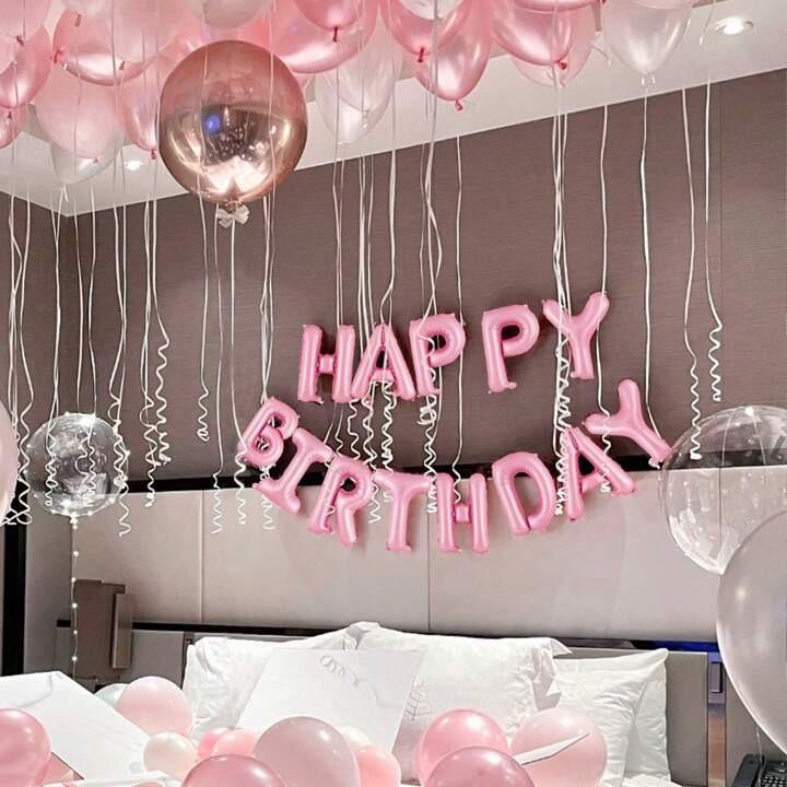 59pcs Pink Birthday Party Decoration Set Including Happy Birthday Banner, Latex Balloons, 4D Round Foil Balloons With Glue Dots, And White Ribbon