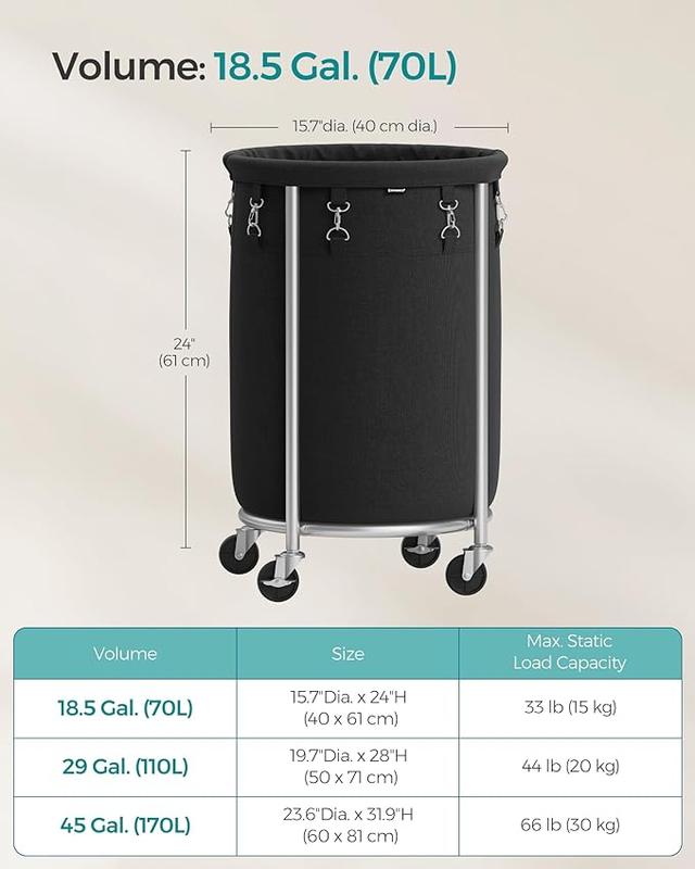 SONGMICS HOME Laundry Basket with Wheels, Rolling Laundry Hamper, Round Laundry Cart with Steel Frame and Removable Bag, 4 Casters and 2 Brakes Organiser