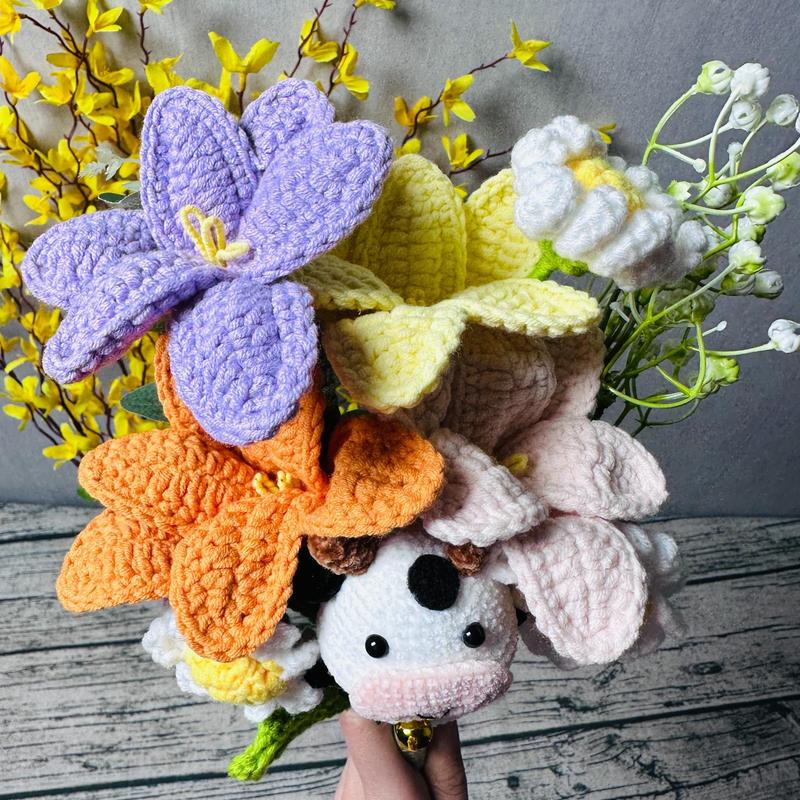 Room Decor Cute Cow & Tulip Design Crochet Flower Bouquet for Room Decor, 1 Count Crochet Decorative Flower, Fake Plants Bouquet for Home Party, Gifts for Her, Summer Gift Ideas, Bedroom Decor