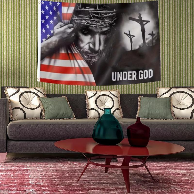 Under God Pattern Flag, American Flag with Grommets for Room Decor, Outdoor Decorative Flag for Home Party Festival, School Supplies