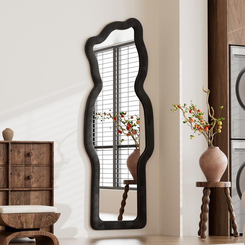 Easly 63 in. H x  24 in. W Irregular Full Length Mirror With Bear Shaped Flannel Frame Wall Mirror Floor Mirror