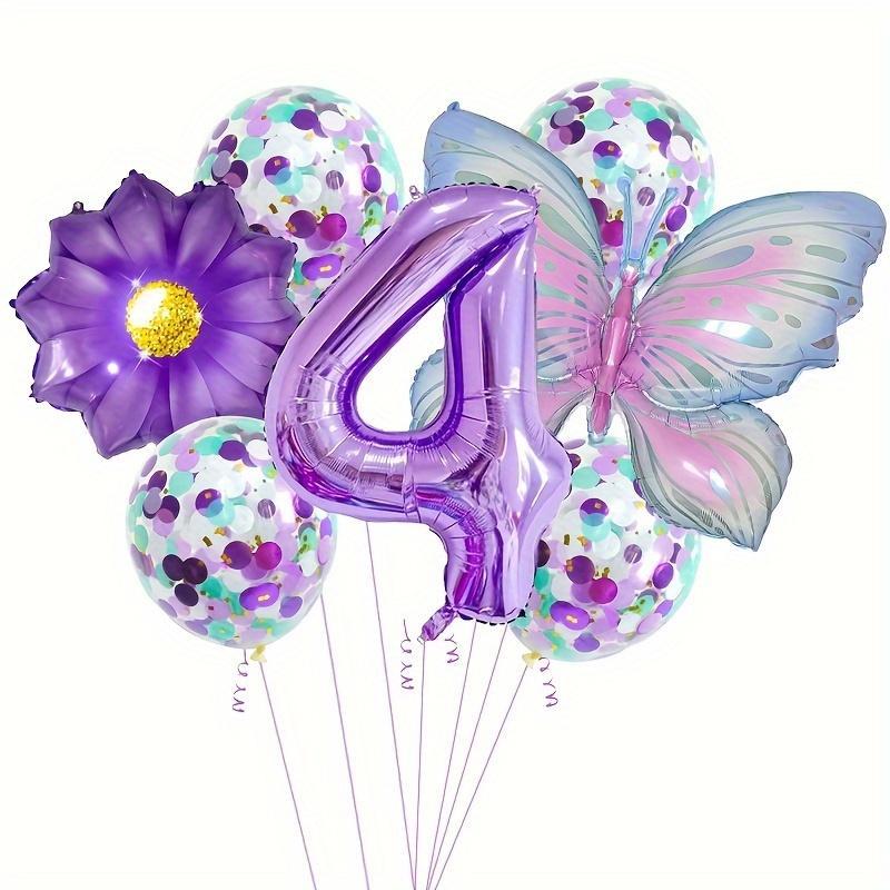 Butterfly Flower Theme Balloon Set, Including Butterfly Balloon*1, Flower Balloon*1, Number Balloon*1, Confetti Balloon*4, Ribbon*1, Balloon Straw*1, Birthday Party Decoration, Party Supplies