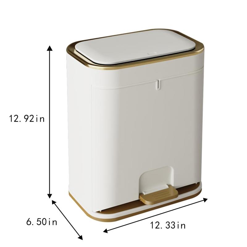 Bathroom Trash Can with Lid, Plastic 3 Gallon Garbage can with Press top Lid, Gold Step Pedal Trash can, Narrow White Trash bin for Kitchen, Bathroom, Bedroom, Living Room, Office, Dog Proof Trash Can automatic garbagecan