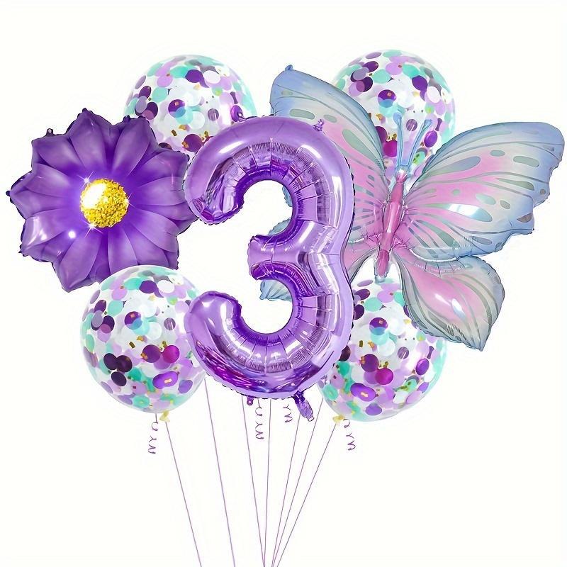 Butterfly Flower Theme Balloon Set, Including Butterfly Balloon*1, Flower Balloon*1, Number Balloon*1, Confetti Balloon*4, Ribbon*1, Balloon Straw*1, Birthday Party Decoration, Party Supplies