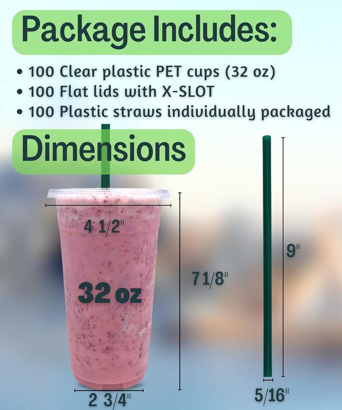 [100 SETS] 32 oz Clear Plastic Cups with Lids and STRAWS, Disposable Drinking Cups for Cold Drinks, Iced Coffee, Milkshakes, Smoothies